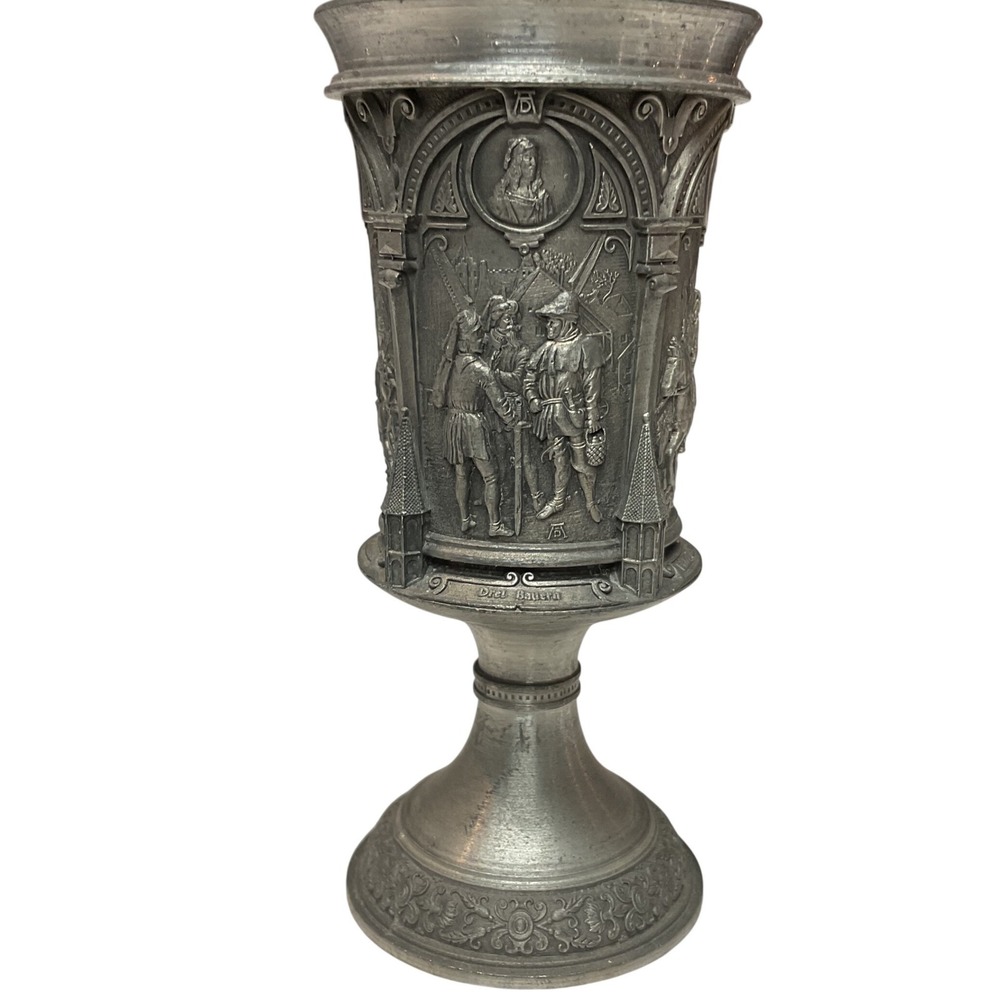Vintage German Pewter Mini Goblet 3" Zinn Figural Hunting Scene Chalice
